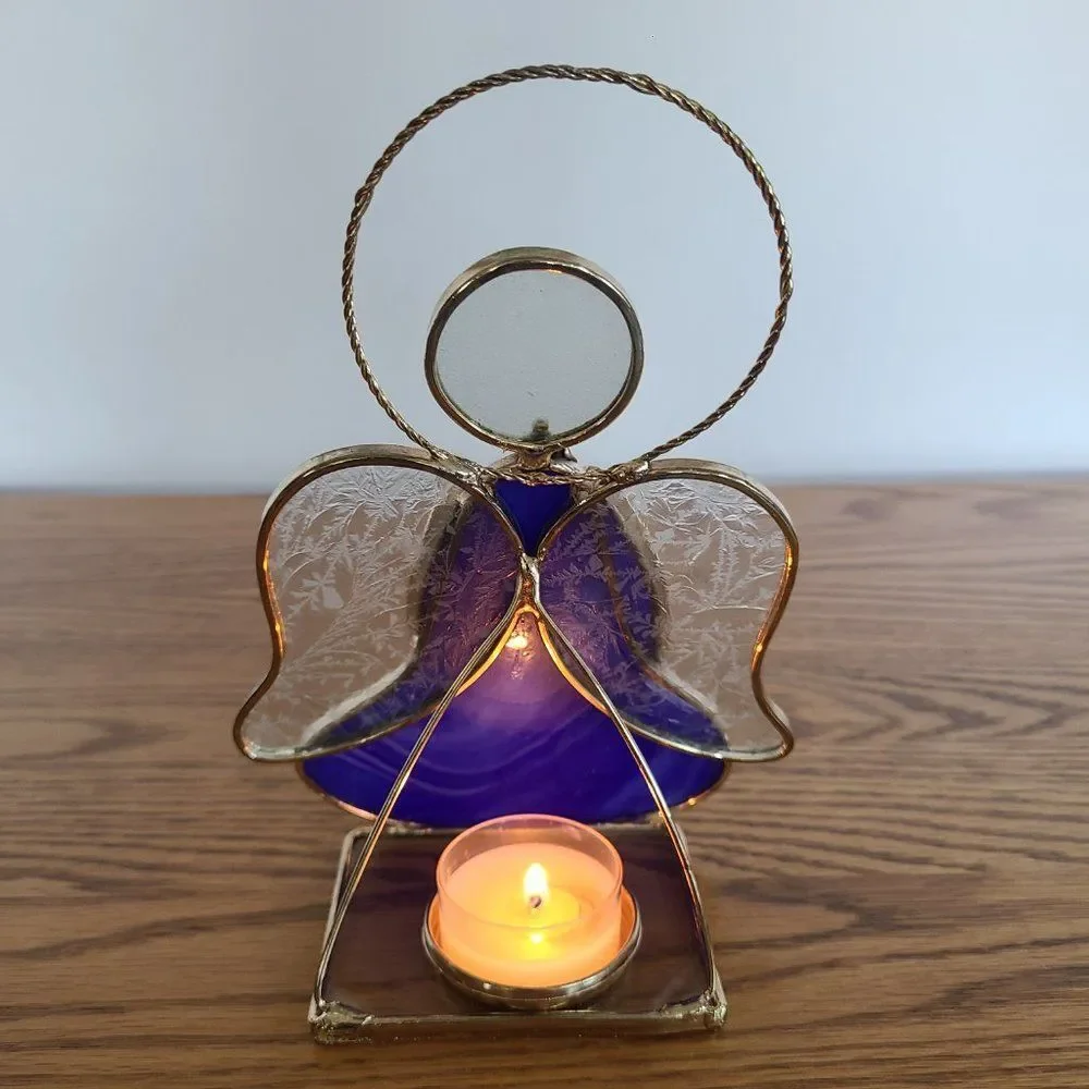 Vintage Stained Glass Tealight Holder Angel Trumpet Candle Display Cobalt Blue
